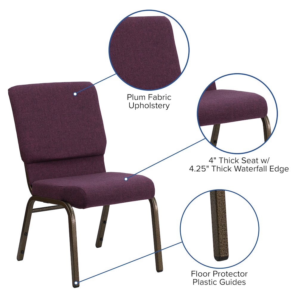 18.5''W Stacking Church Chair in Plum Fabric - Gold Vein Frame. Picture 5