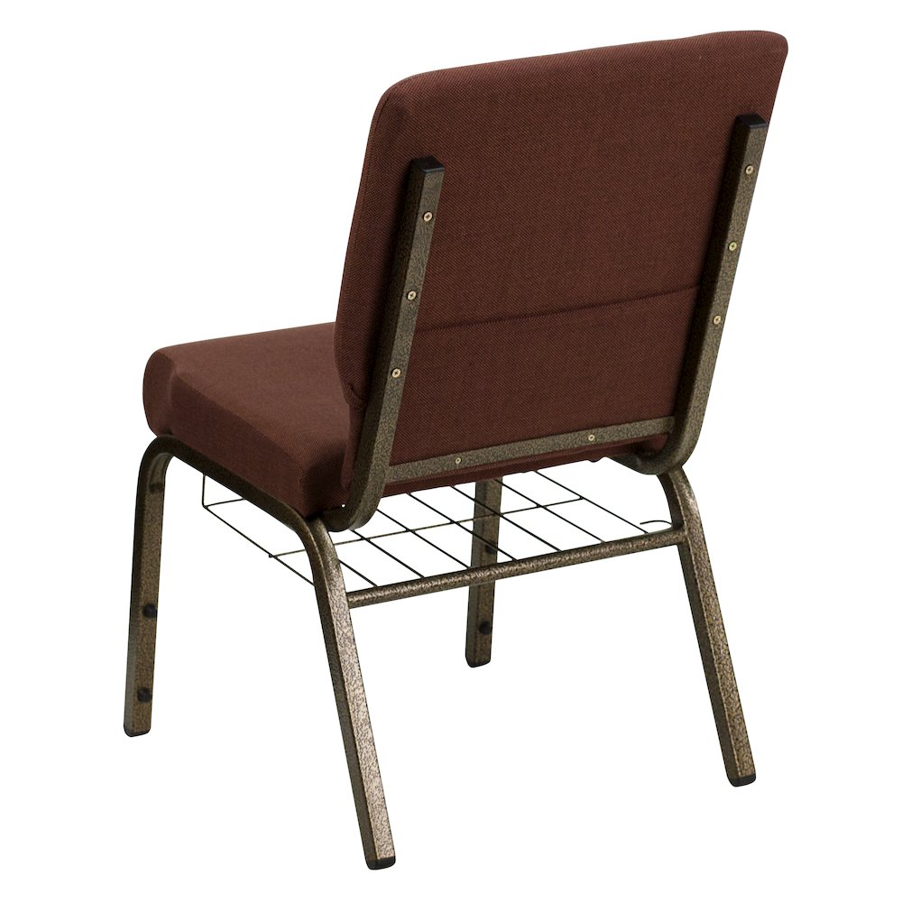 18.5''W Church Chair in Brown Fabric with Cup Book Rack - Gold Vein Frame. Picture 4
