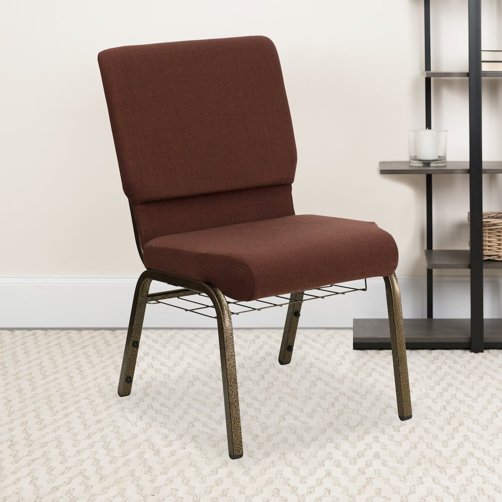 18.5''W Church Chair in Brown Fabric with Cup Book Rack - Gold Vein Frame. Picture 2