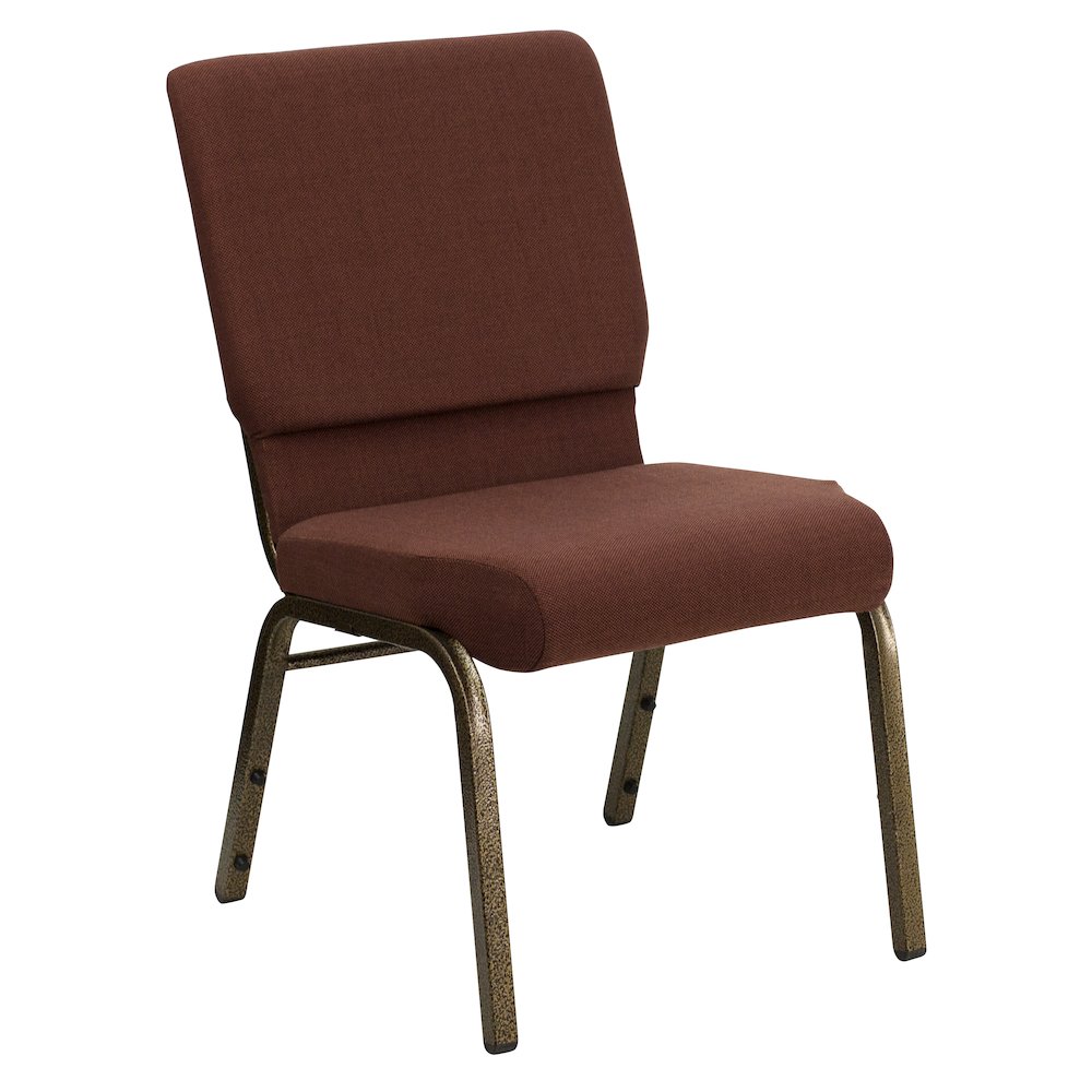 18.5''W Stacking Church Chair in Brown Fabric - Gold Vein Frame. Picture 1