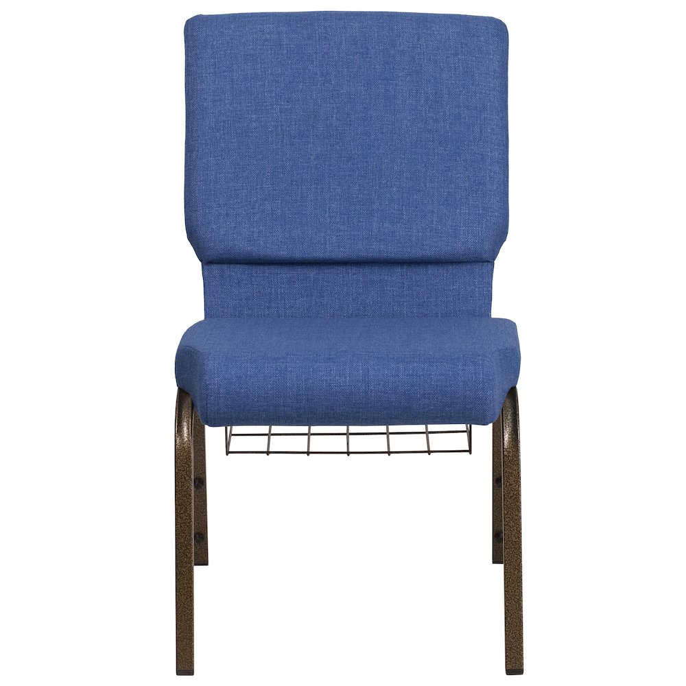 18.5''W Church Chair in Blue Fabric with Cup Book Rack - Gold Vein Frame. Picture 5