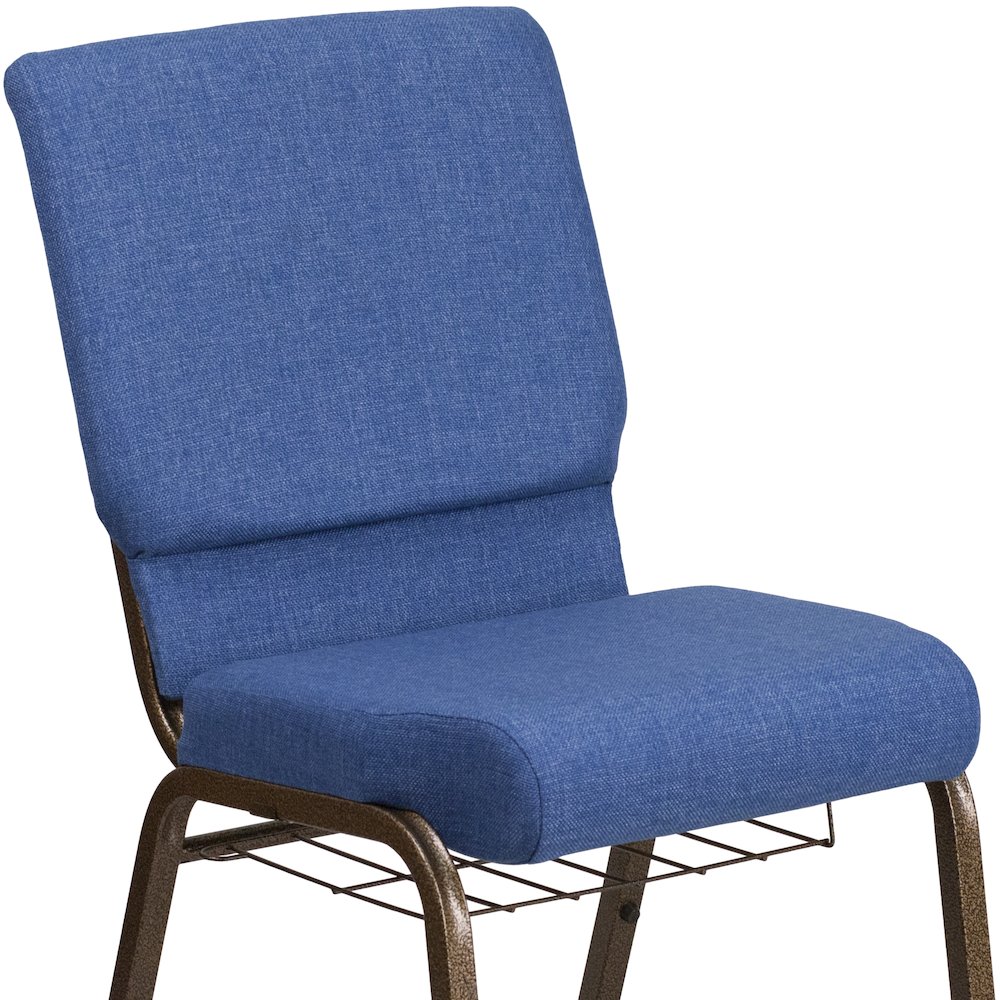 18.5''W Church Chair in Blue Fabric with Cup Book Rack - Gold Vein Frame. Picture 5