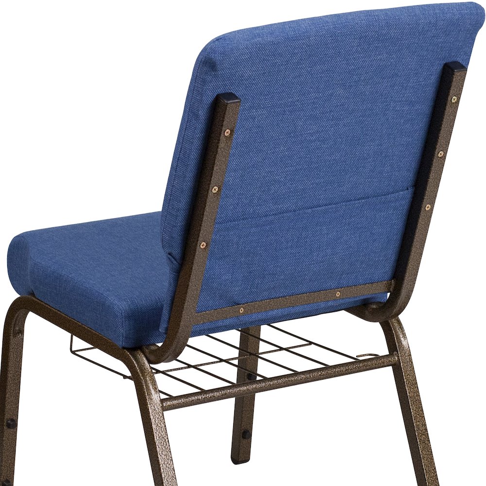 18.5''W Church Chair in Blue Fabric with Cup Book Rack - Gold Vein Frame. Picture 8