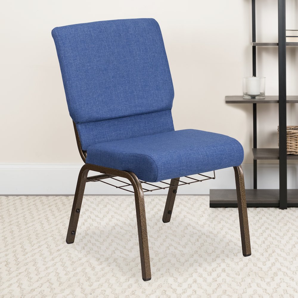 18.5''W Church Chair in Blue Fabric with Cup Book Rack - Gold Vein Frame. Picture 6