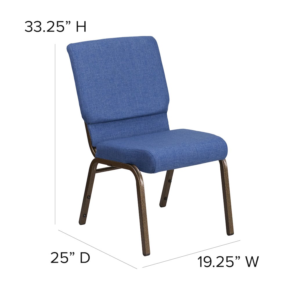 18.5''W Stacking Church Chair in Blue Fabric - Gold Vein Frame. Picture 6