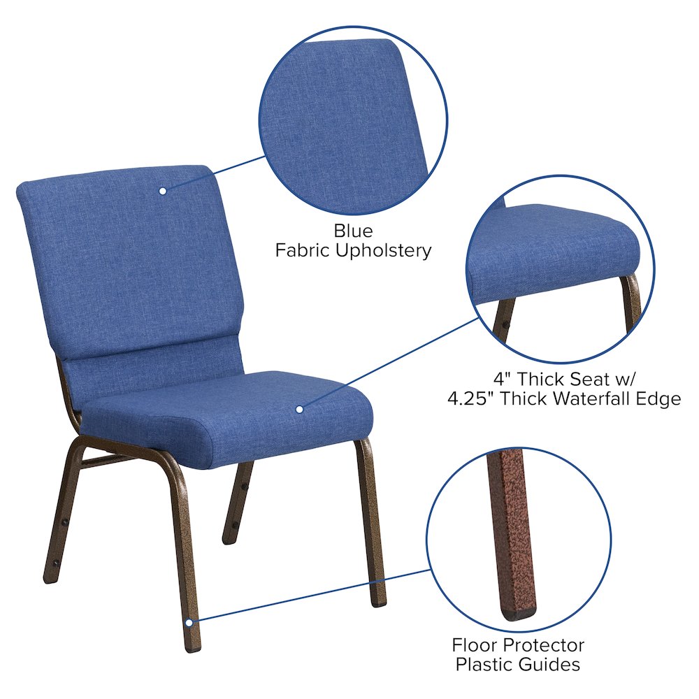 18.5''W Stacking Church Chair in Blue Fabric - Gold Vein Frame. Picture 5