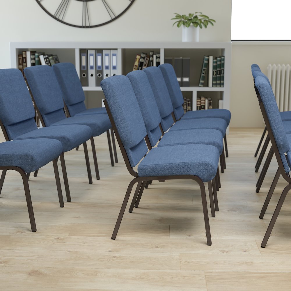 18.5''W Stacking Church Chair in Blue Fabric - Gold Vein Frame. Picture 2