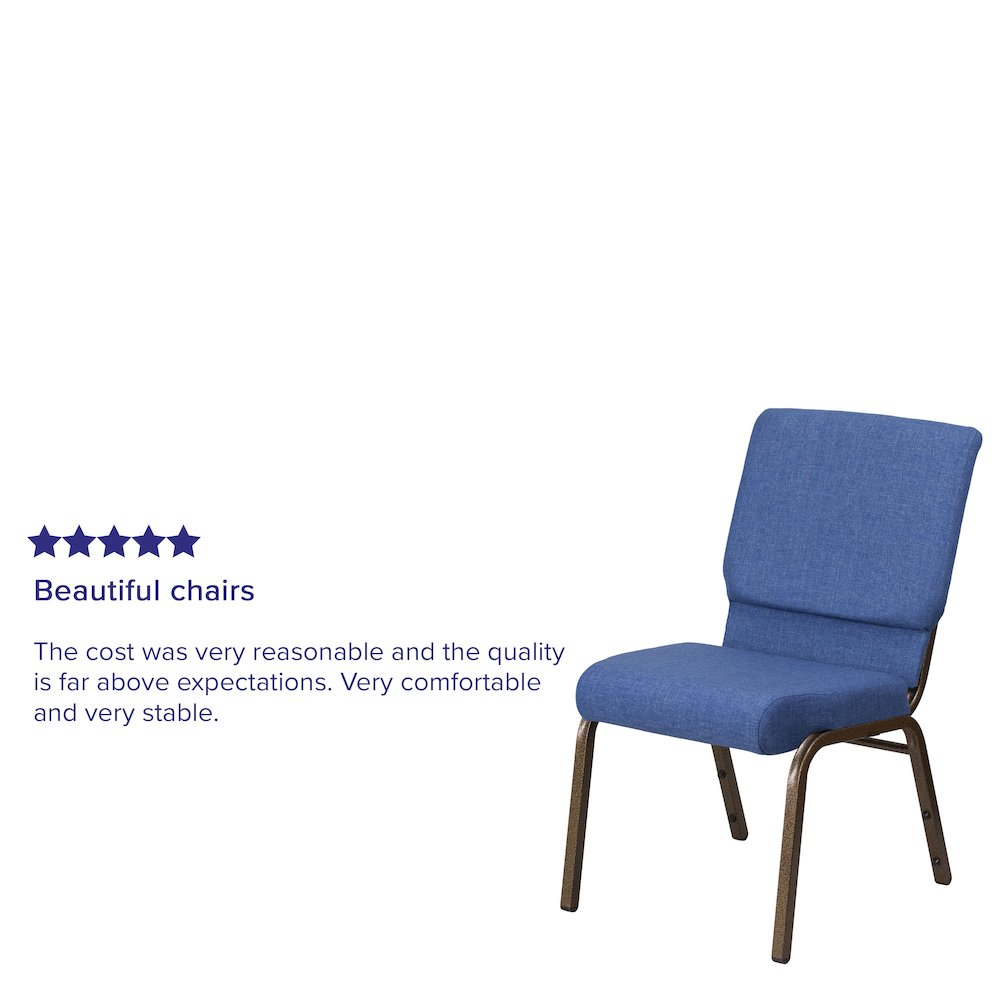 18.5''W Stacking Church Chair in Blue Fabric - Gold Vein Frame. Picture 4