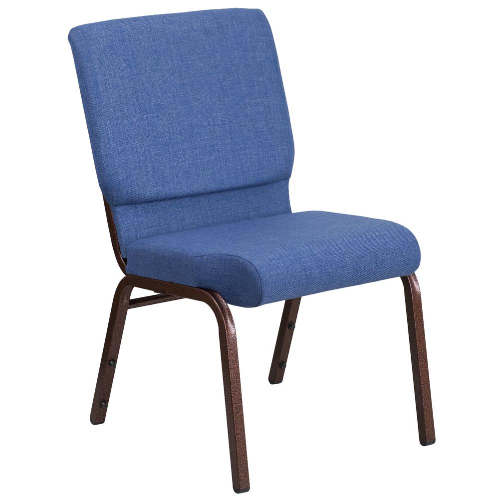 18.5''W Stacking Church Chair in Blue Fabric - Gold Vein Frame. Picture 1