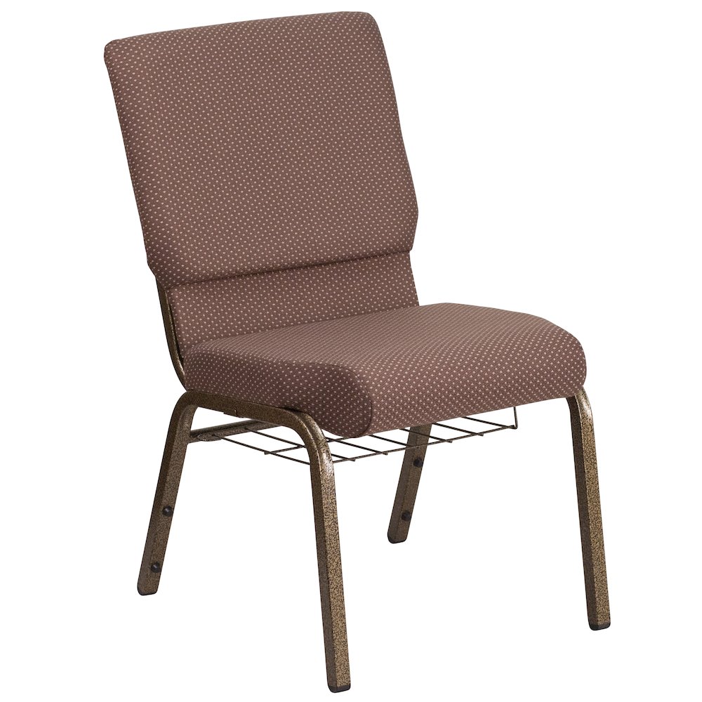 18.5''W Church Chair in Brown Dot Fabric with Book Rack - Gold Vein Frame. Picture 2