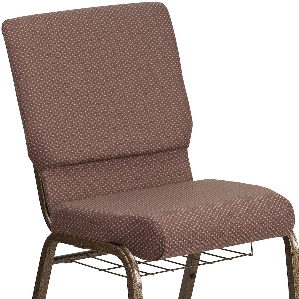 18.5''W Church Chair in Brown Dot Fabric with Book Rack - Gold Vein Frame. Picture 3