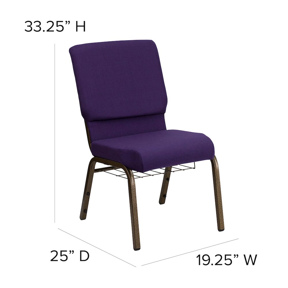18.5''W Church Chair in Royal Purple Fabric with Cup Book Rack - Gold Vein Frame. Picture 2