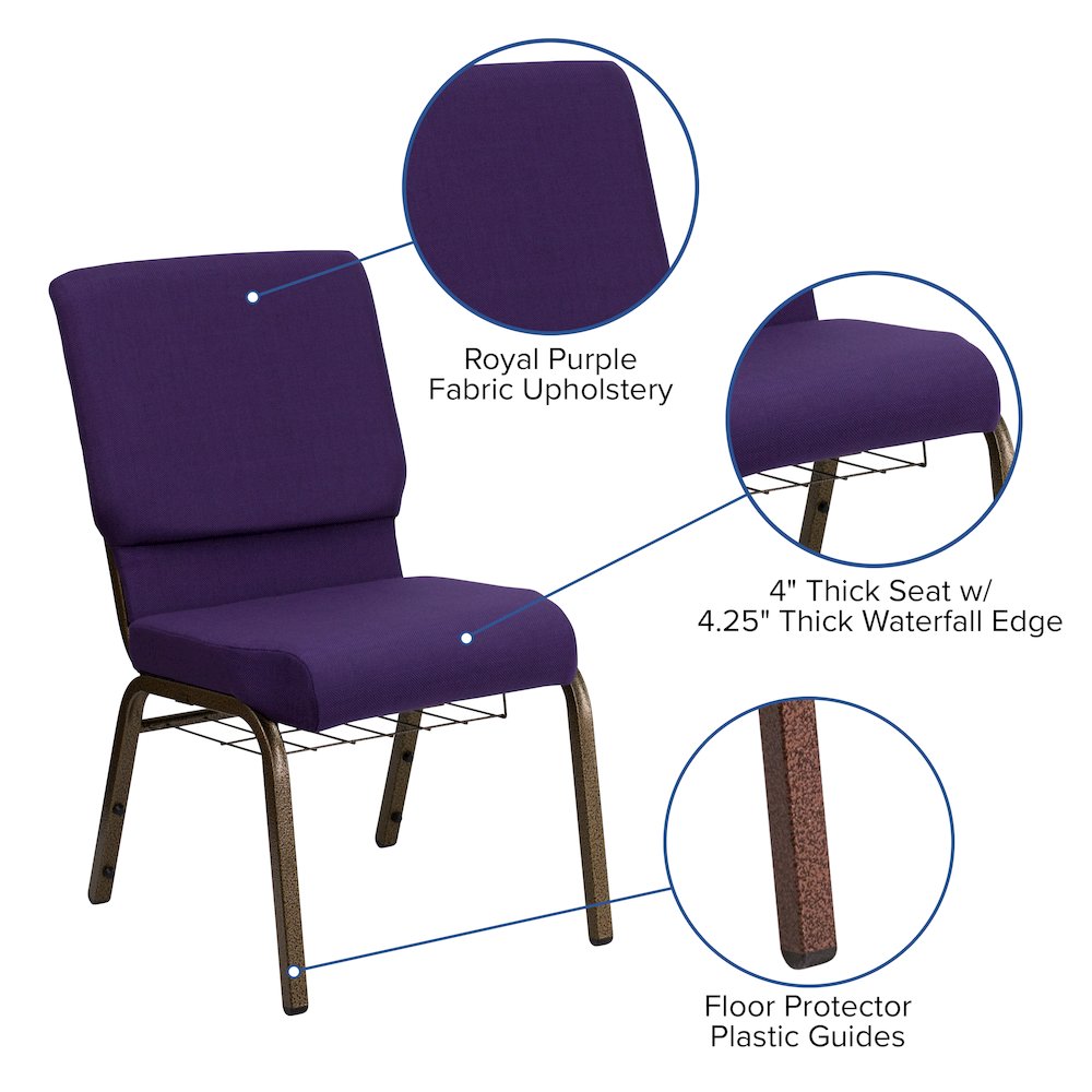 18.5''W Church Chair in Royal Purple Fabric with Cup Book Rack - Gold Vein Frame. Picture 7