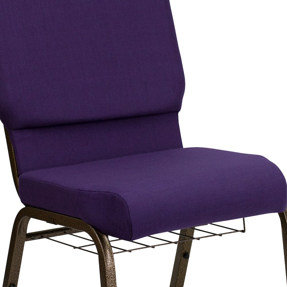 18.5''W Church Chair in Royal Purple Fabric with Cup Book Rack - Gold Vein Frame. Picture 6