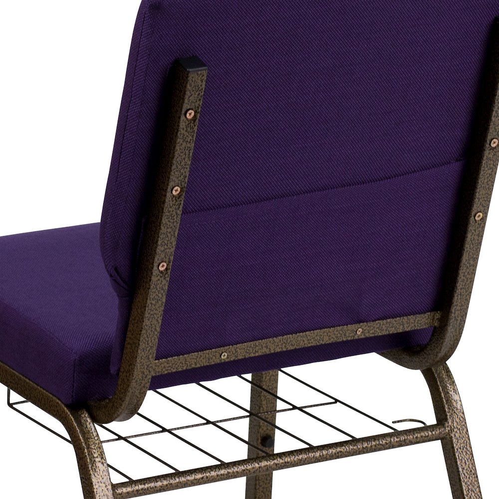 18.5''W Church Chair in Royal Purple Fabric with Cup Book Rack - Gold Vein Frame. Picture 3