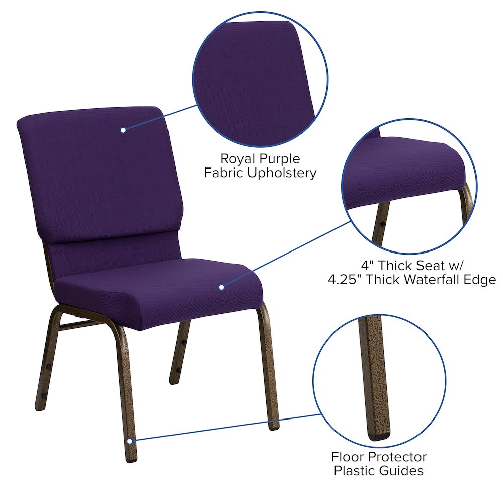 18.5''W Stacking Church Chair in Royal Purple Fabric - Gold Vein Frame. Picture 5