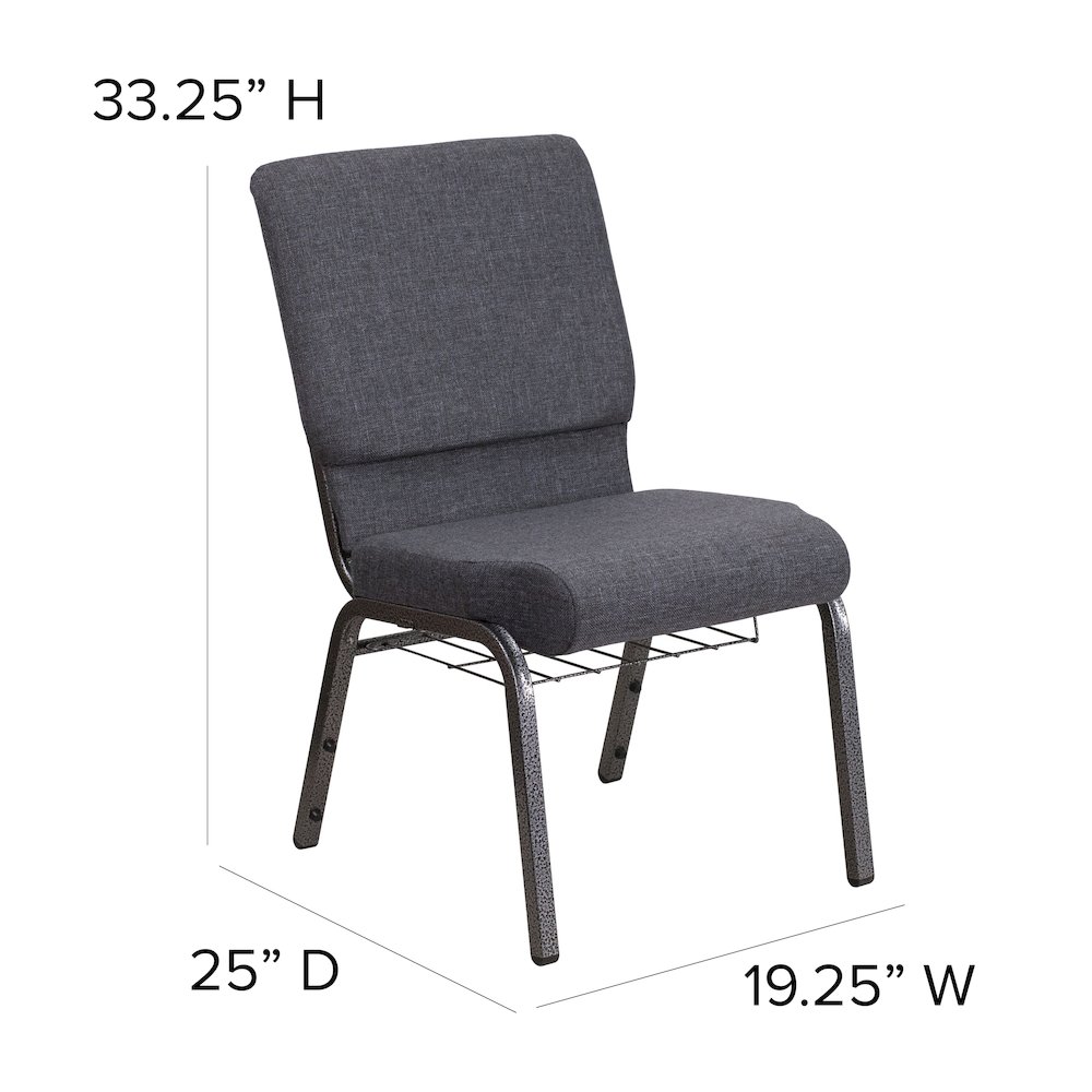 18.5''W Church Chair in Dark Gray Fabric with Book Rack - Silver Vein Frame. Picture 3