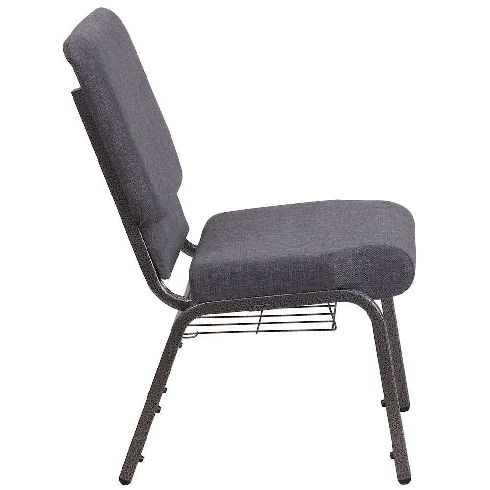 18.5''W Church Chair in Dark Gray Fabric with Book Rack - Silver Vein Frame. Picture 4