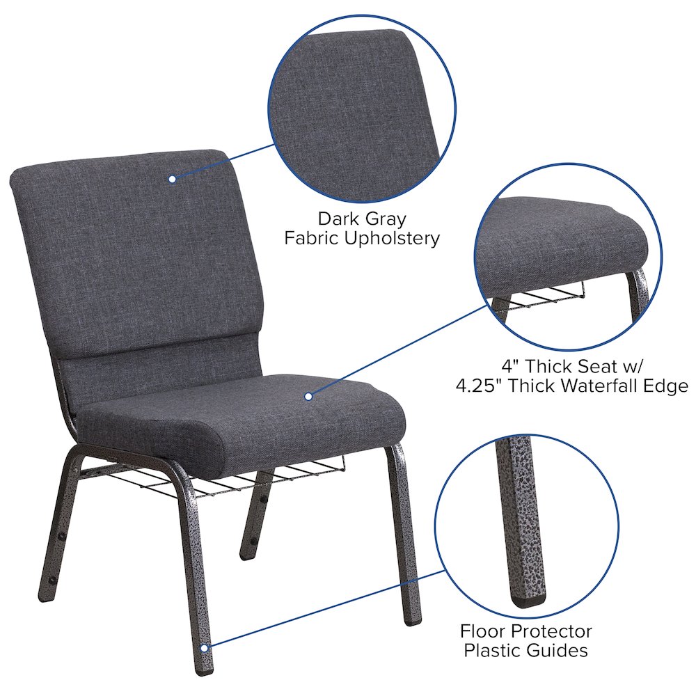 18.5''W Church Chair in Dark Gray Fabric with Book Rack - Silver Vein Frame. Picture 7