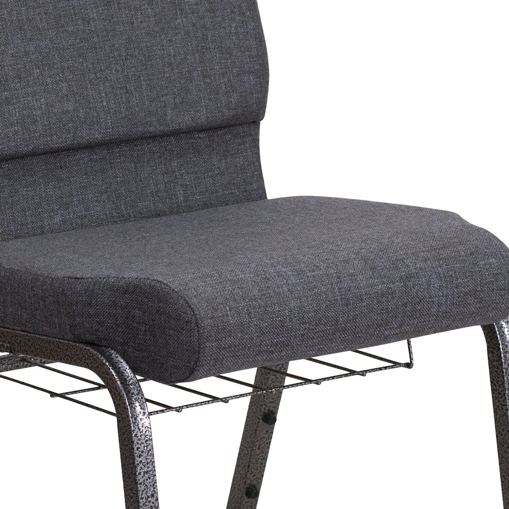 18.5''W Church Chair in Dark Gray Fabric with Book Rack - Silver Vein Frame. Picture 8