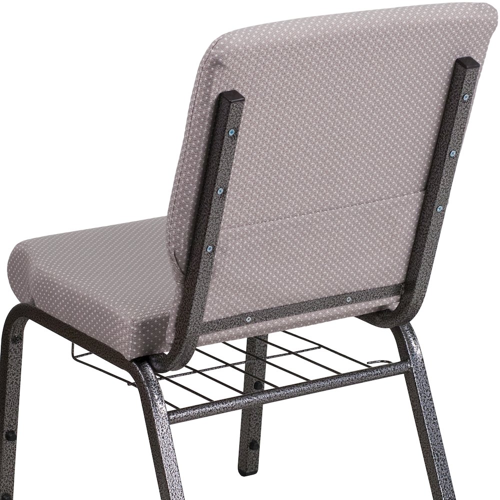 18.5''W Church Chair in Gray Dot Fabric with Book Rack - Silver Vein Frame. Picture 6