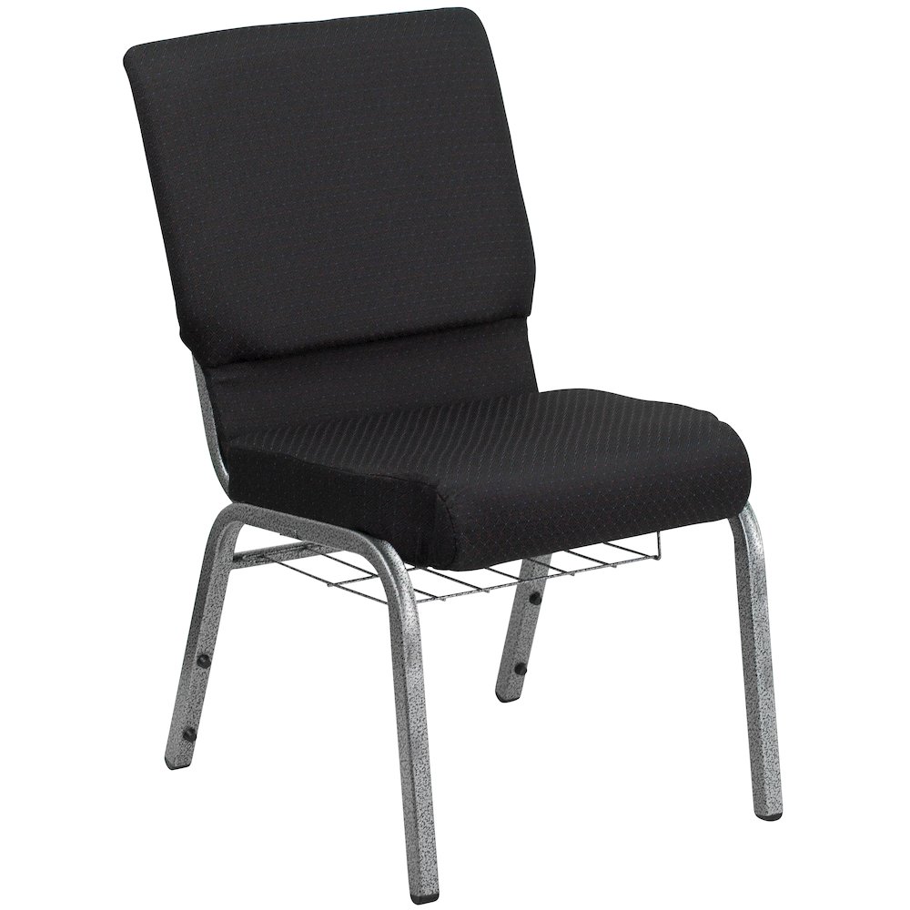 18.5''W Church Chair in Black Patterned Fabric with Cup Book Rack - Silver Vein Frame. Picture 1