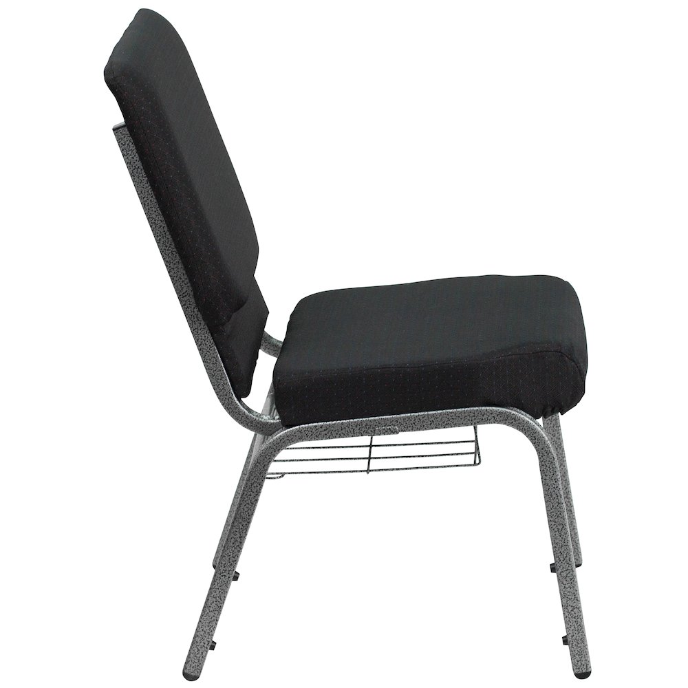 18.5''W Church Chair in Black Patterned Fabric with Cup Book Rack - Silver Vein Frame. Picture 2