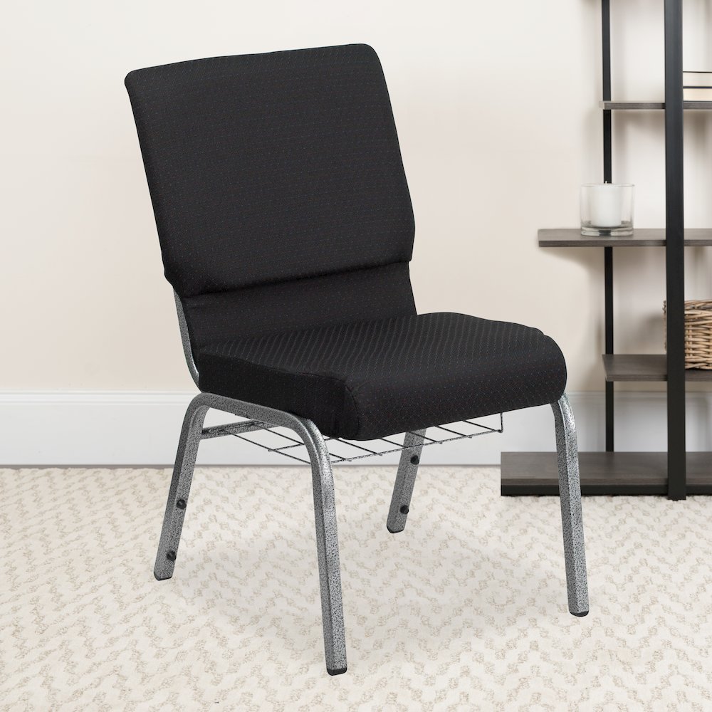 18.5''W Church Chair in Black Patterned Fabric with Cup Book Rack - Silver Vein Frame. Picture 5