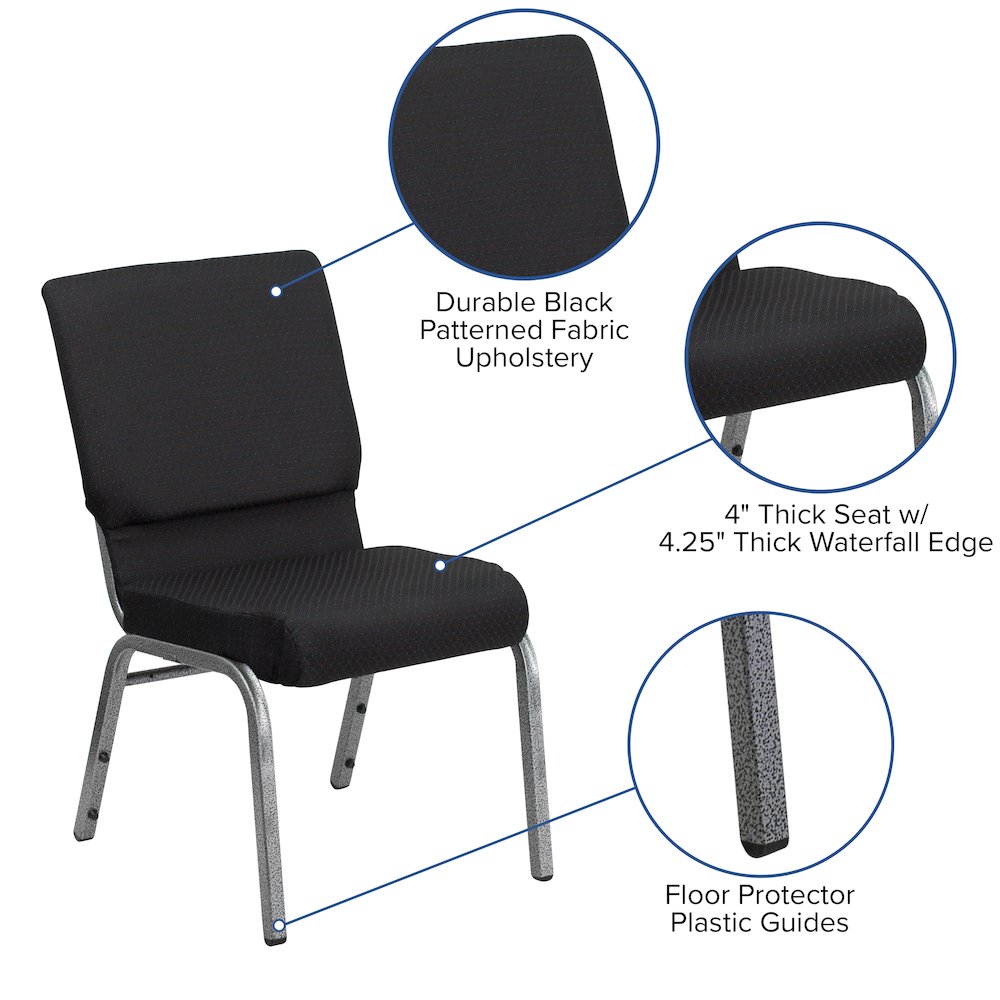 18.5''W Stacking Church Chair in Black Patterned Fabric - Silver Vein Frame. Picture 5