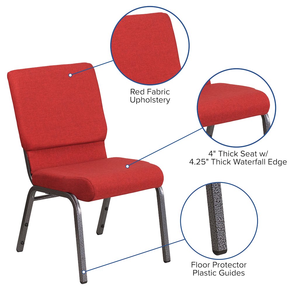 18.5''W Stacking Church Chair in Red Fabric - Silver Vein Frame. Picture 5