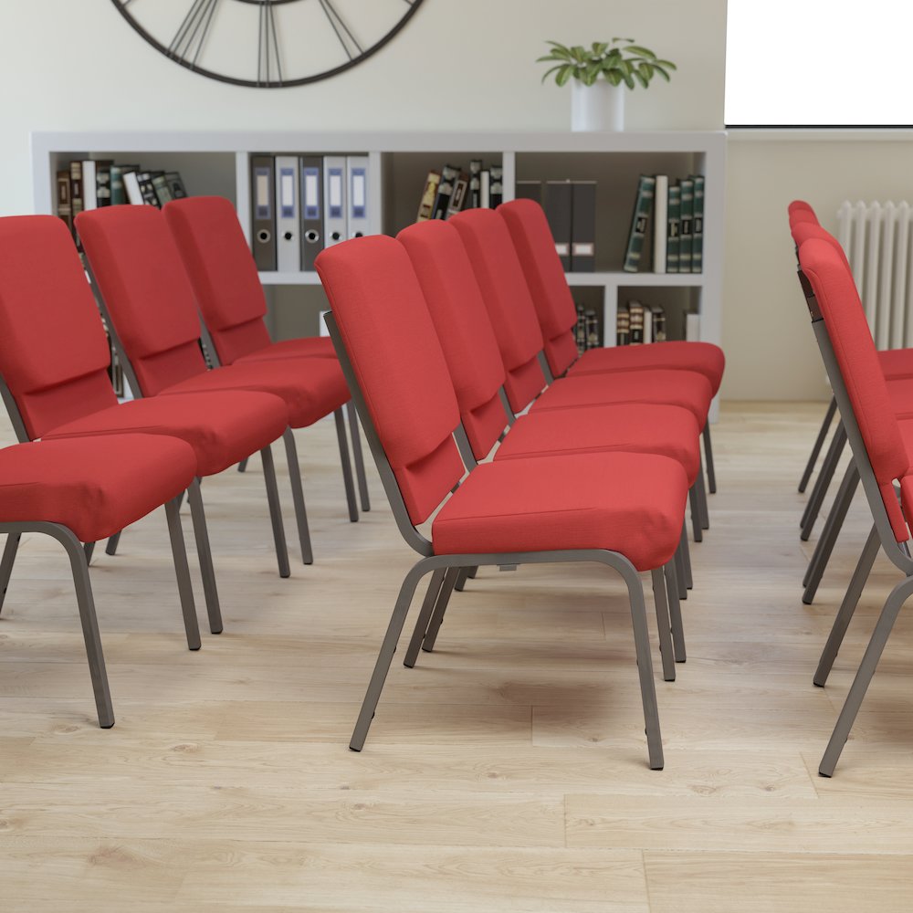 18.5''W Stacking Church Chair in Red Fabric - Silver Vein Frame. Picture 7