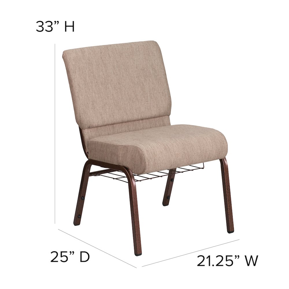 21''W Church Chair in Beige Fabric with Book Rack - Copper Vein Frame. Picture 2