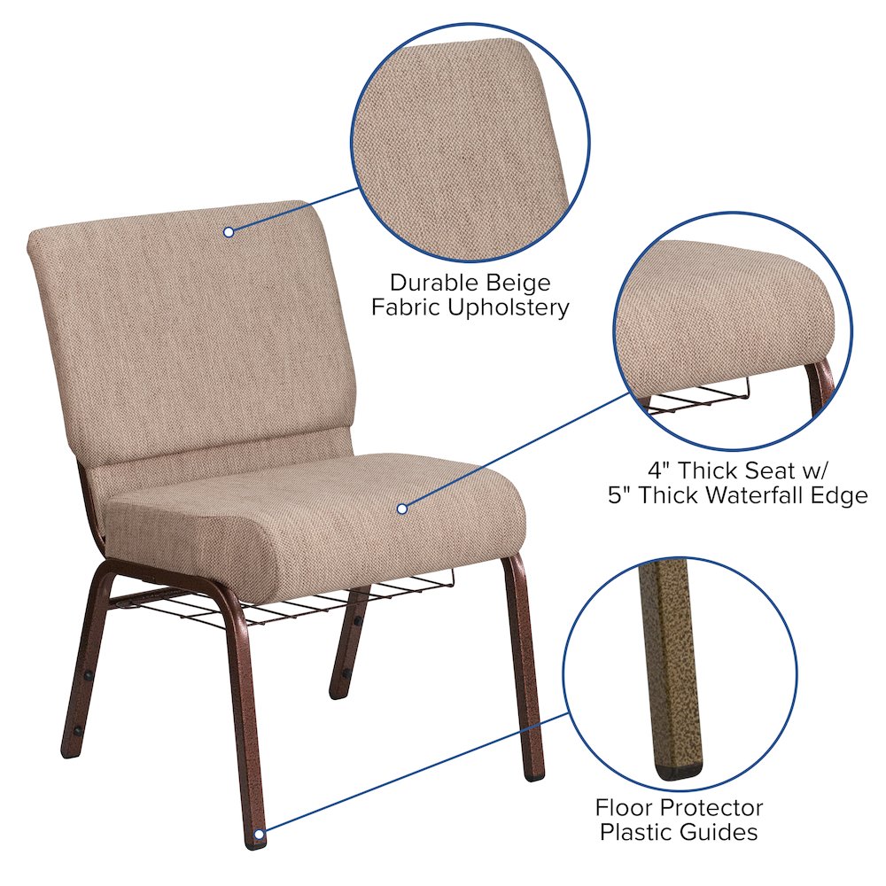 21''W Church Chair in Beige Fabric with Book Rack - Copper Vein Frame. Picture 4
