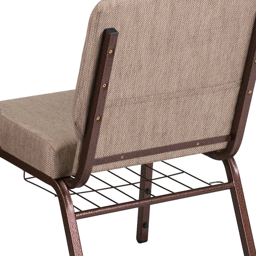 21''W Church Chair in Beige Fabric with Book Rack - Copper Vein Frame. Picture 7