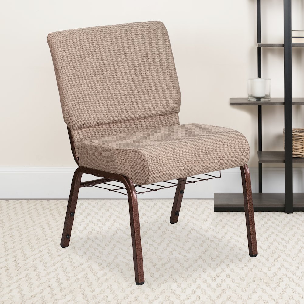 21''W Church Chair in Beige Fabric with Book Rack - Copper Vein Frame. Picture 6