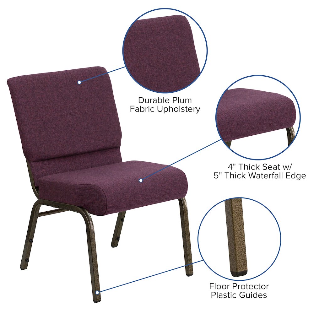21''W Stacking Church Chair in Plum Fabric - Gold Vein Frame. Picture 5