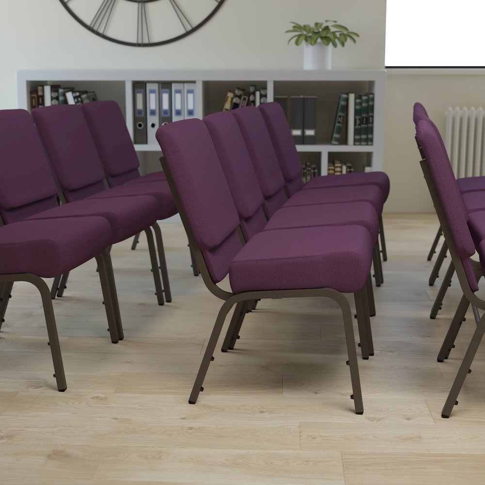 21''W Stacking Church Chair in Plum Fabric - Gold Vein Frame. Picture 2