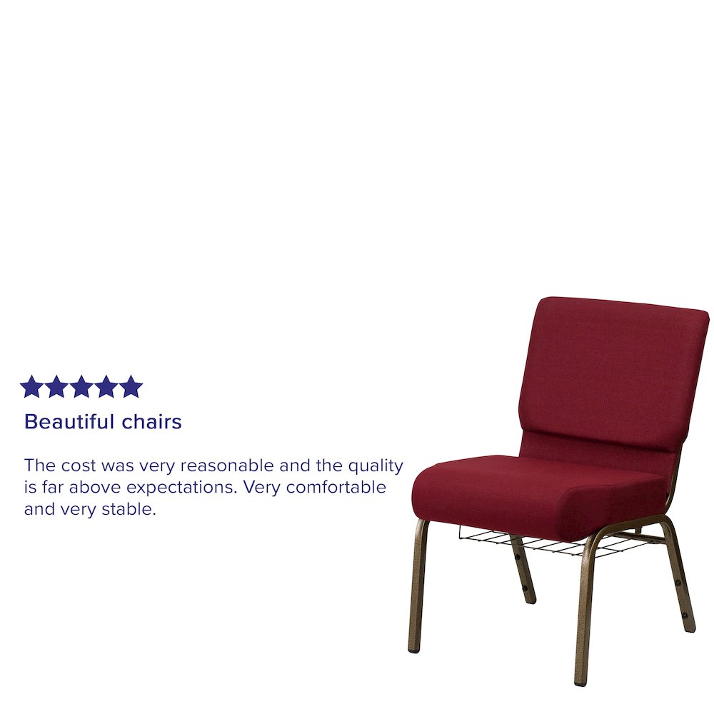 21''W Church Chair in Burgundy Fabric with Cup Book Rack - Gold Vein Frame. Picture 10