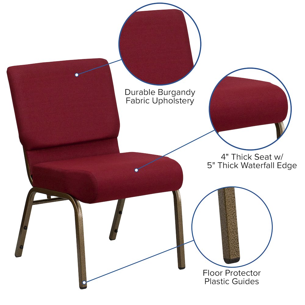 21''W Stacking Church Chair in Burgundy Fabric - Gold Vein Frame. Picture 5