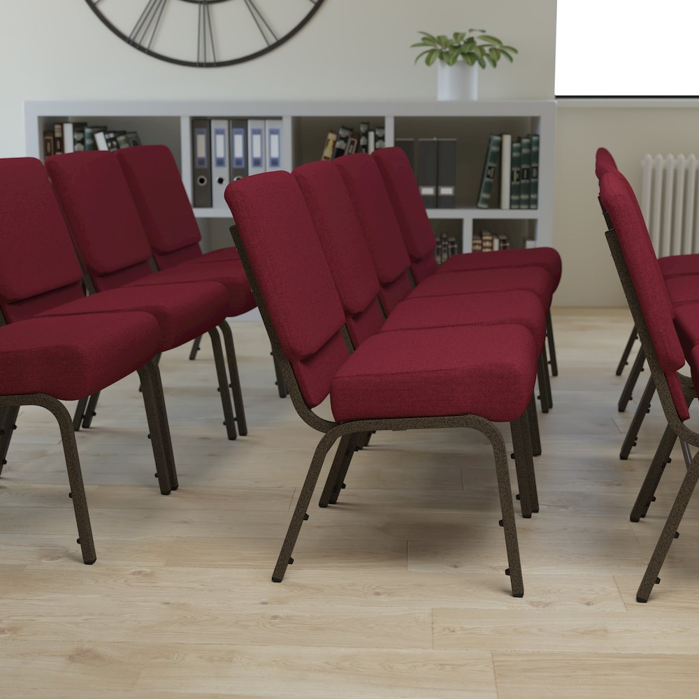21''W Stacking Church Chair in Burgundy Fabric - Gold Vein Frame. Picture 2