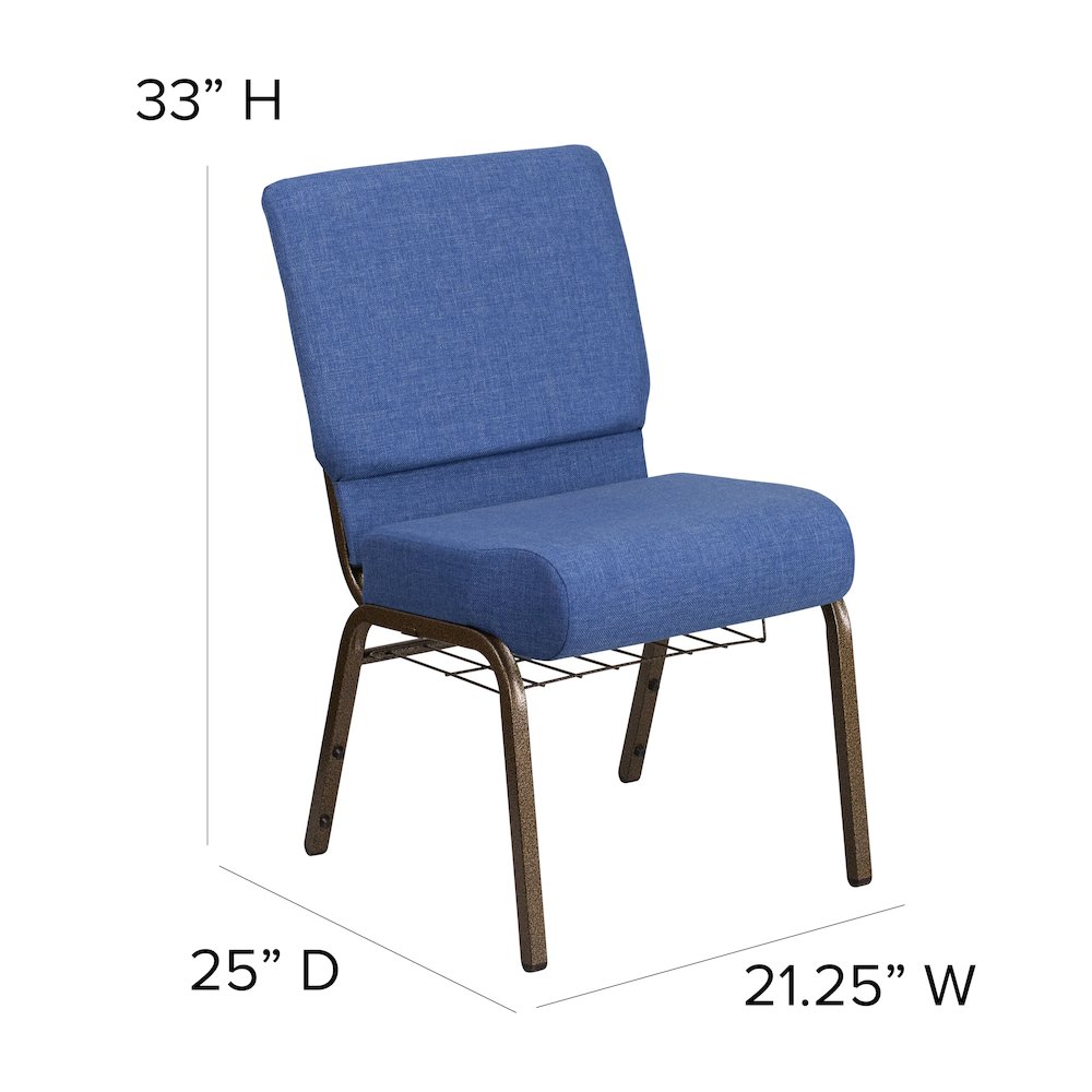 21''W Church Chair in Blue Fabric with Cup Book Rack - Gold Vein Frame. Picture 4