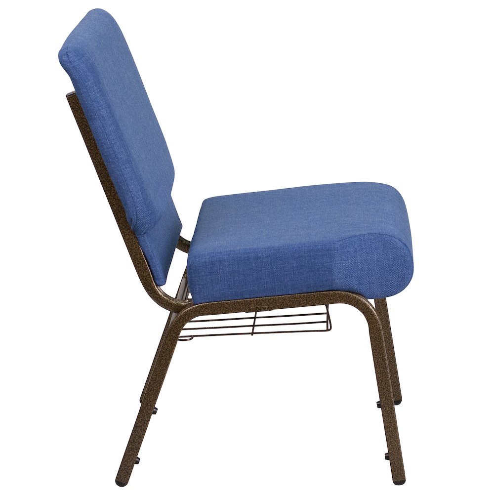 21''W Church Chair in Blue Fabric with Cup Book Rack - Gold Vein Frame. Picture 7
