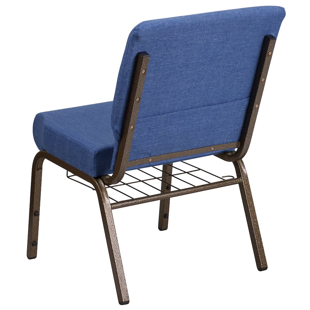 21''W Church Chair in Blue Fabric with Cup Book Rack - Gold Vein Frame. Picture 5