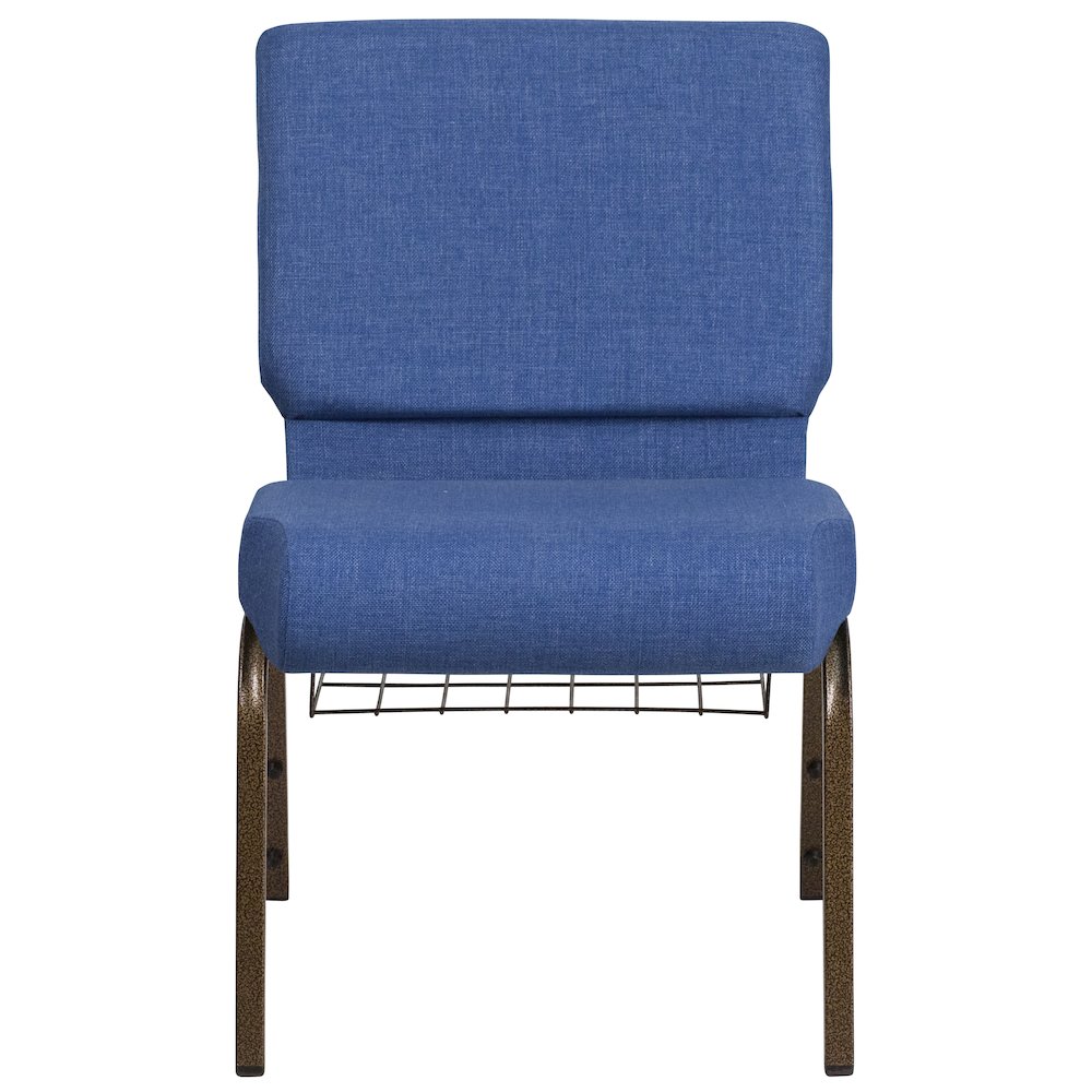 21''W Church Chair in Blue Fabric with Cup Book Rack - Gold Vein Frame. Picture 8