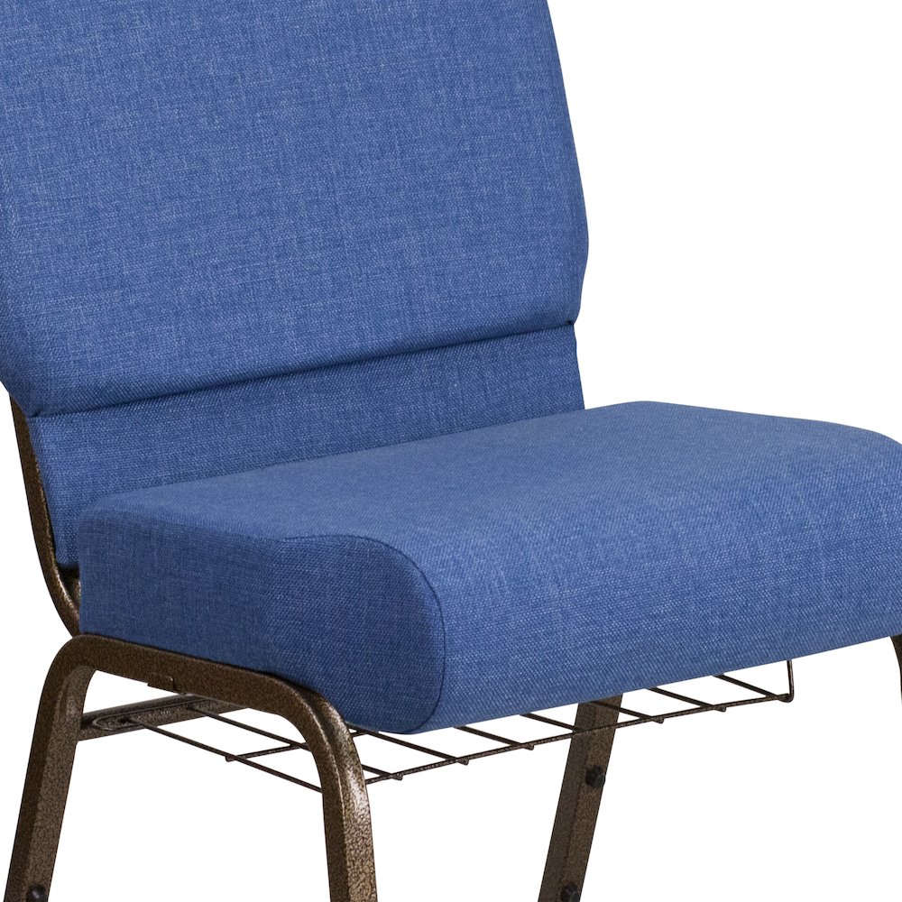 21''W Church Chair in Blue Fabric with Cup Book Rack - Gold Vein Frame. Picture 9