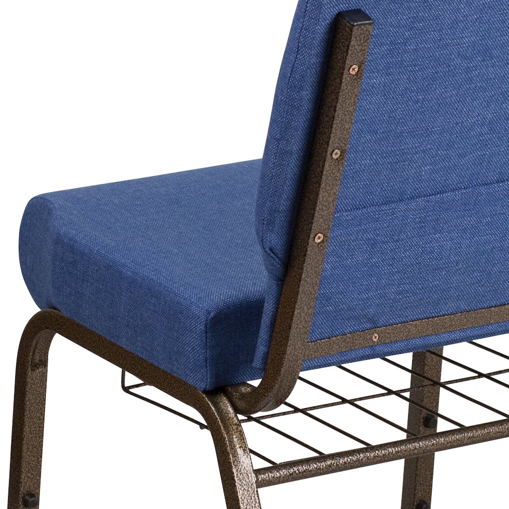 21''W Church Chair in Blue Fabric with Cup Book Rack - Gold Vein Frame. Picture 10