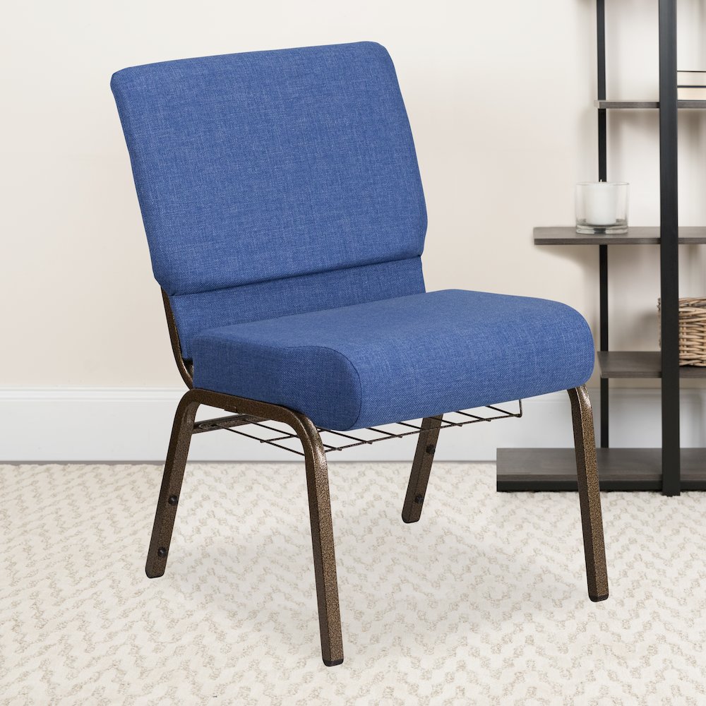 21''W Church Chair in Blue Fabric with Cup Book Rack - Gold Vein Frame. Picture 2
