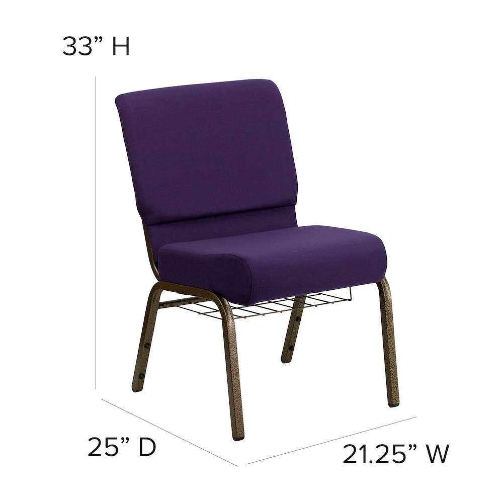 21''W Church Chair in Royal Purple Fabric with Cup Book Rack - Gold Vein Frame. Picture 2