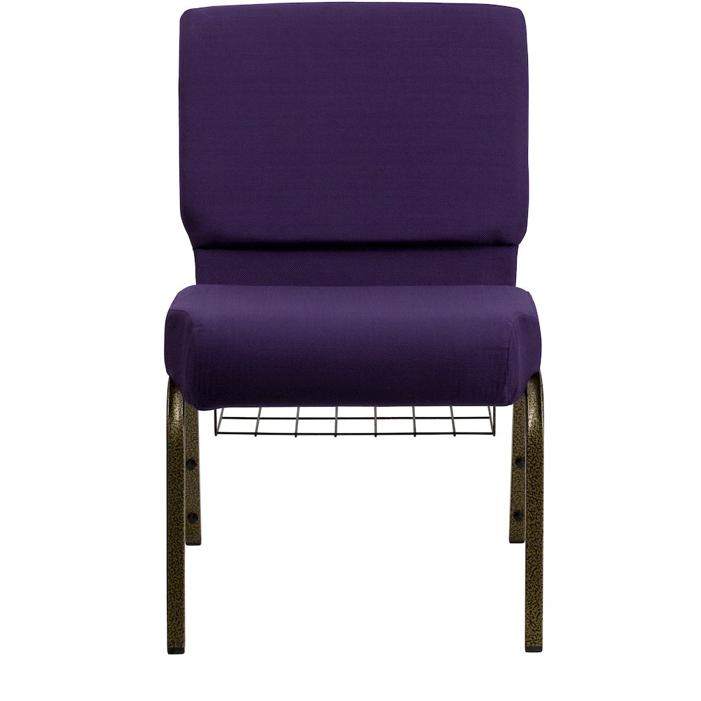 21''W Church Chair in Royal Purple Fabric with Cup Book Rack - Gold Vein Frame. Picture 5