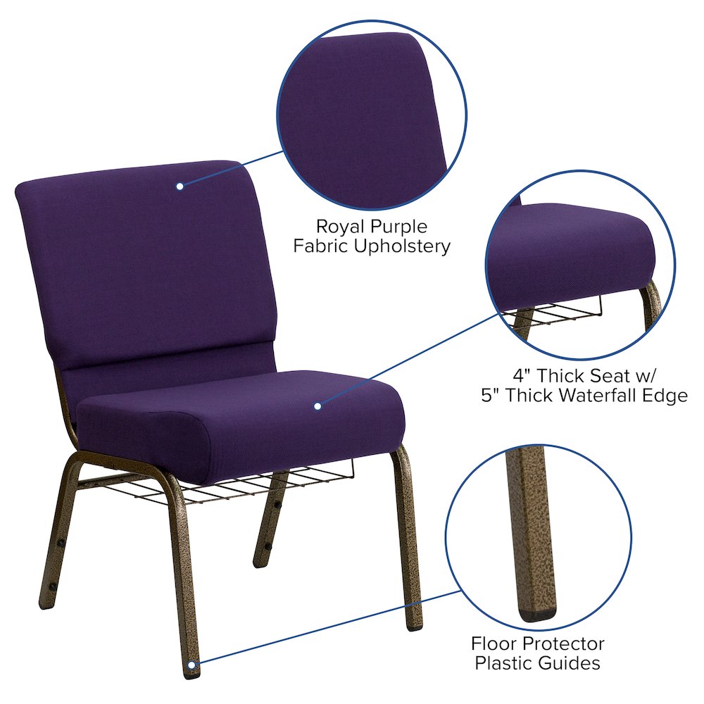 21''W Church Chair in Royal Purple Fabric with Cup Book Rack - Gold Vein Frame. Picture 2